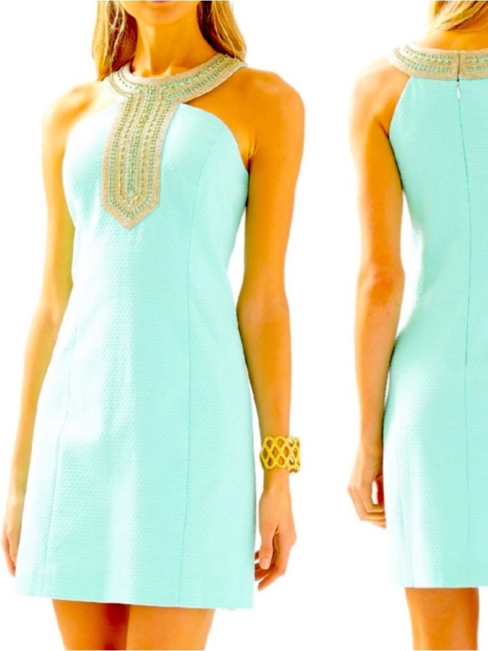 NWT Lilly Pulitzer ADELINA Shift Dress in Poolside Blue Gold Beaded Size 0